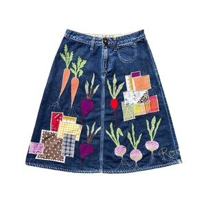 Upcycled Denim Skirt with Colorful Vegetable Patches
